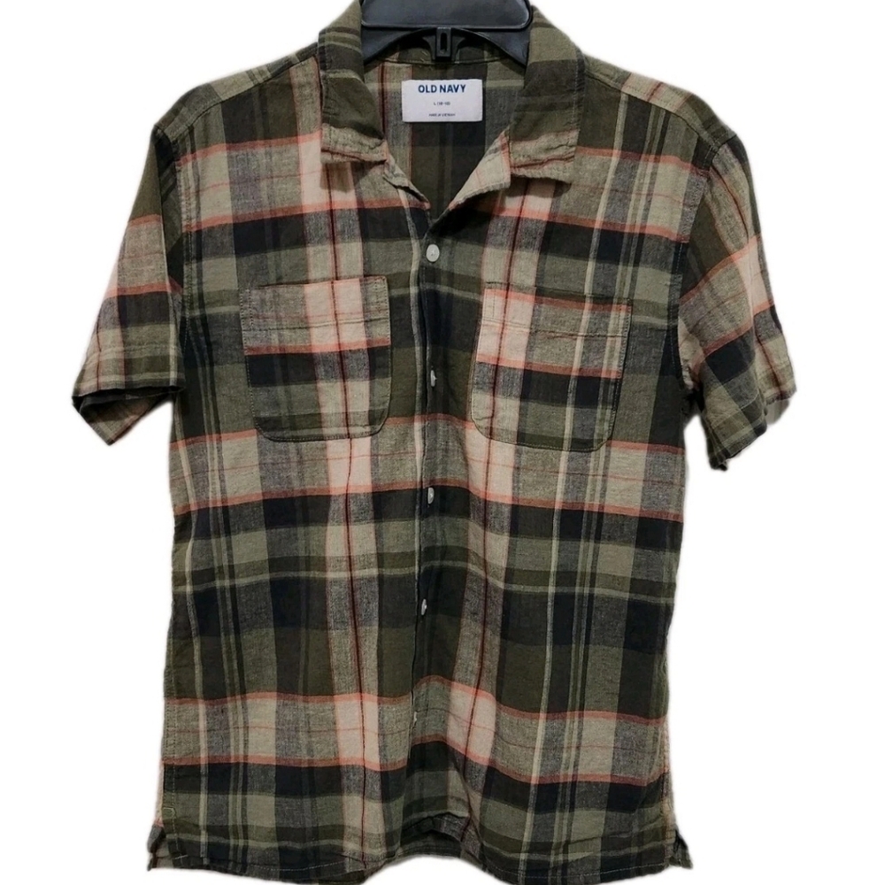 Old Navy Boys 10-12  Plaid Linen Blend Short Sleeve Camp Shirt Pockets Button Up